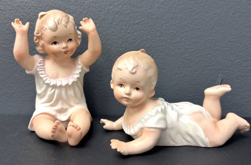 2 Vtg Porcelain Bisque Piano Baby Infant Arnart Creations Figurine Japan READ